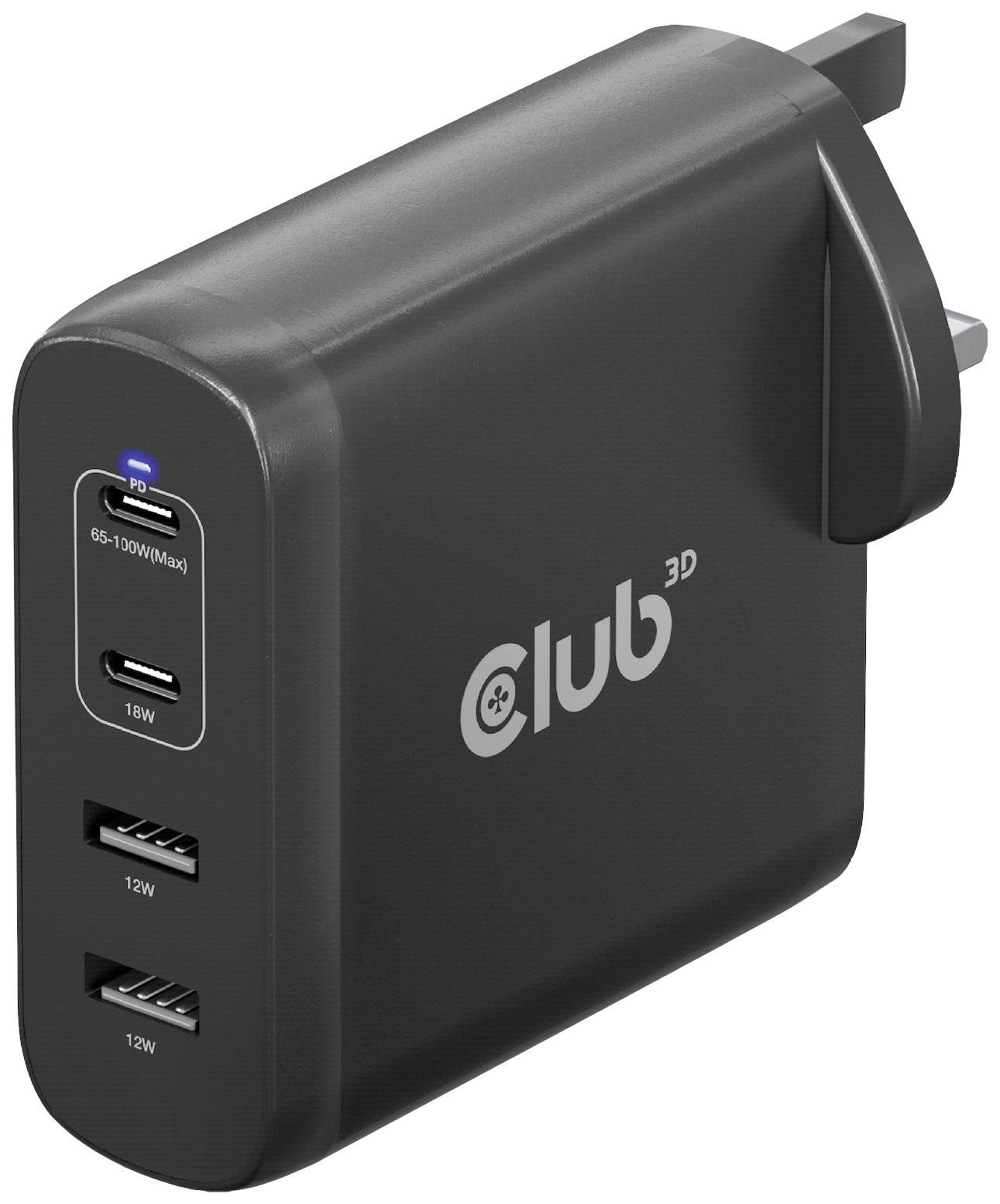 Čierna USB-C nabíjačka s tromi portami: jeden USB-C port (18W) a dva USB-A porty (každý 12W), vytlačený firemný názov.