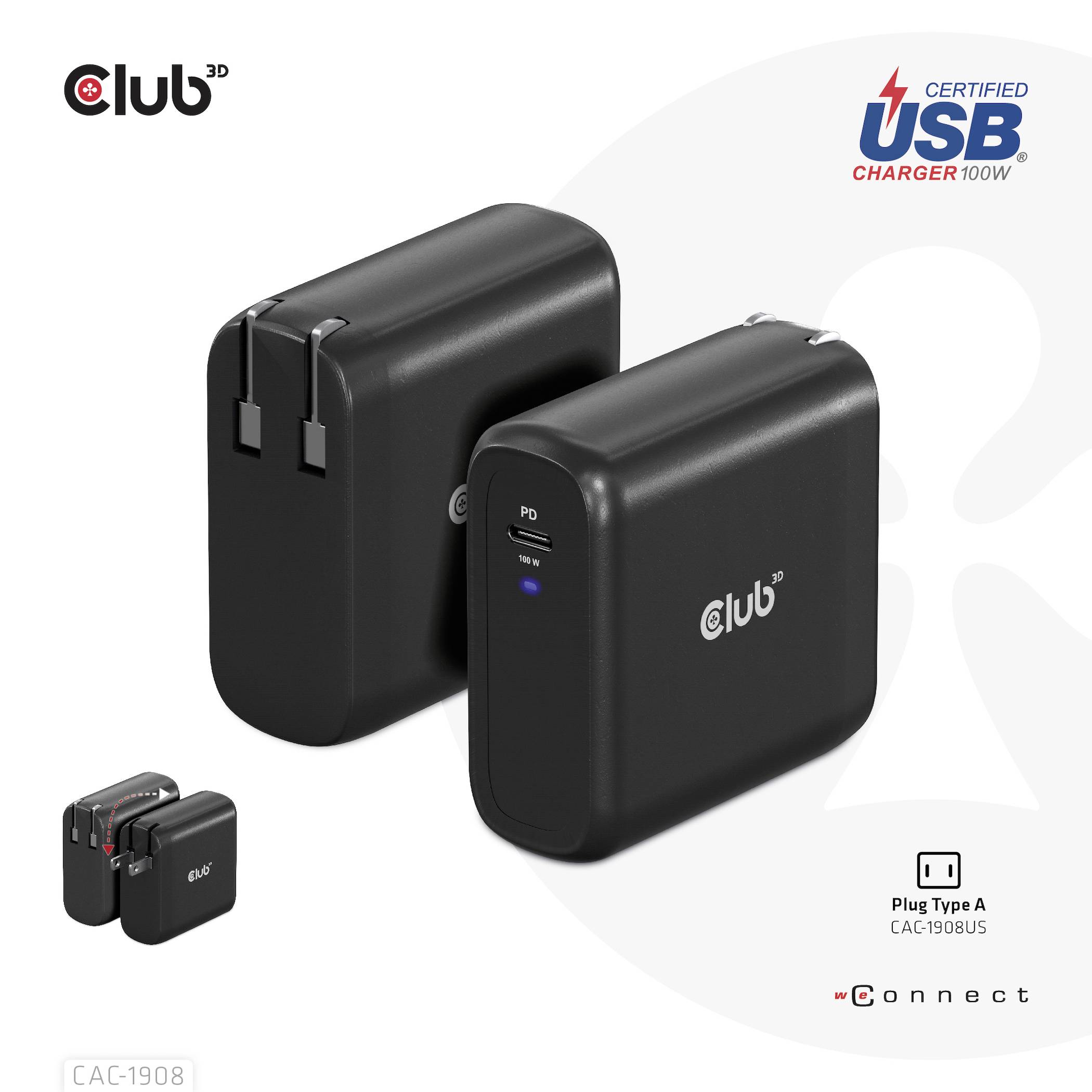 Sieťové adaptéry 'Club3D', dva čierne USB nabíjačky s výkonom 100W. Jedna zobrazuje kontrolku 'PD'. Certifikované pre 'USB nabíjačku'.