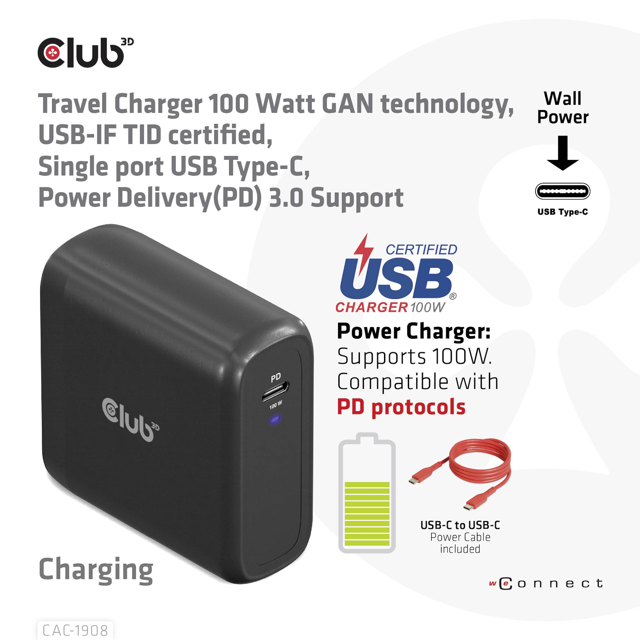 Cestovná nabíjačka 100 W s technológiou GaN. Podporuje USB-C a Power Delivery 3.0. Kompatibilná s protokolmi USB PD.