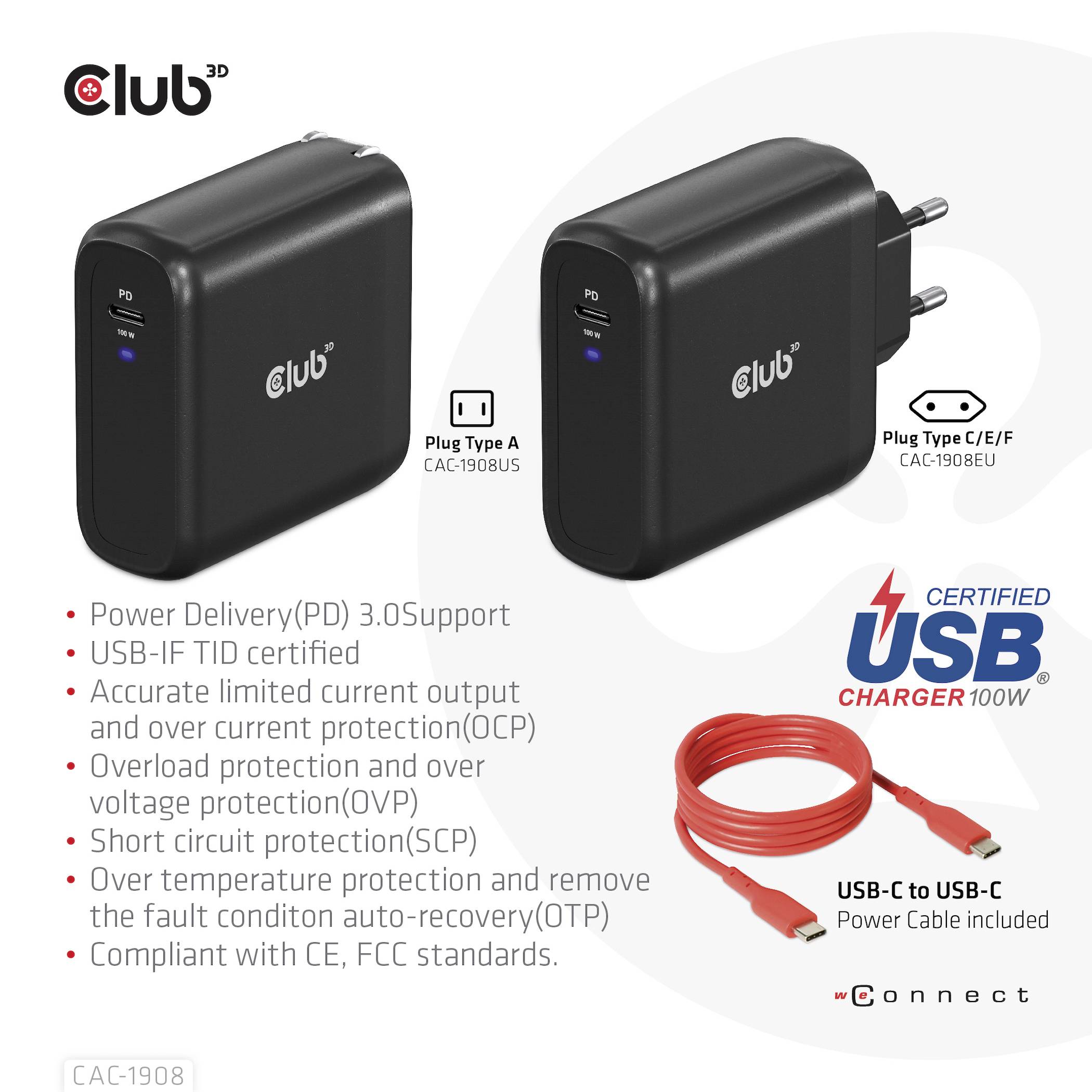 Dva čierne USB nabíjačky s červenými USB-C káblami, ktoré podporujú výkon 100 W. Zobrazenie produktov s bezpečnostnými funkciami.