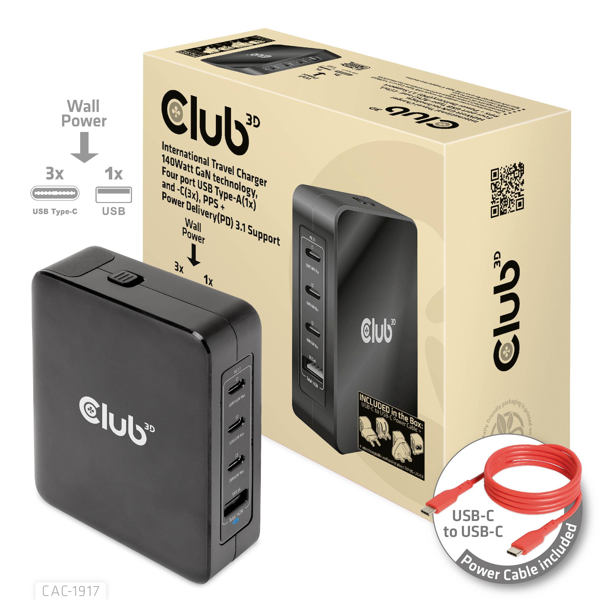 Klub 3D medzinárodná USB nabíjačka. Štyri USB porty, 104 W výkon. Vrátane USB-C kábla. Balenie a nabíjačka vyobrazené.