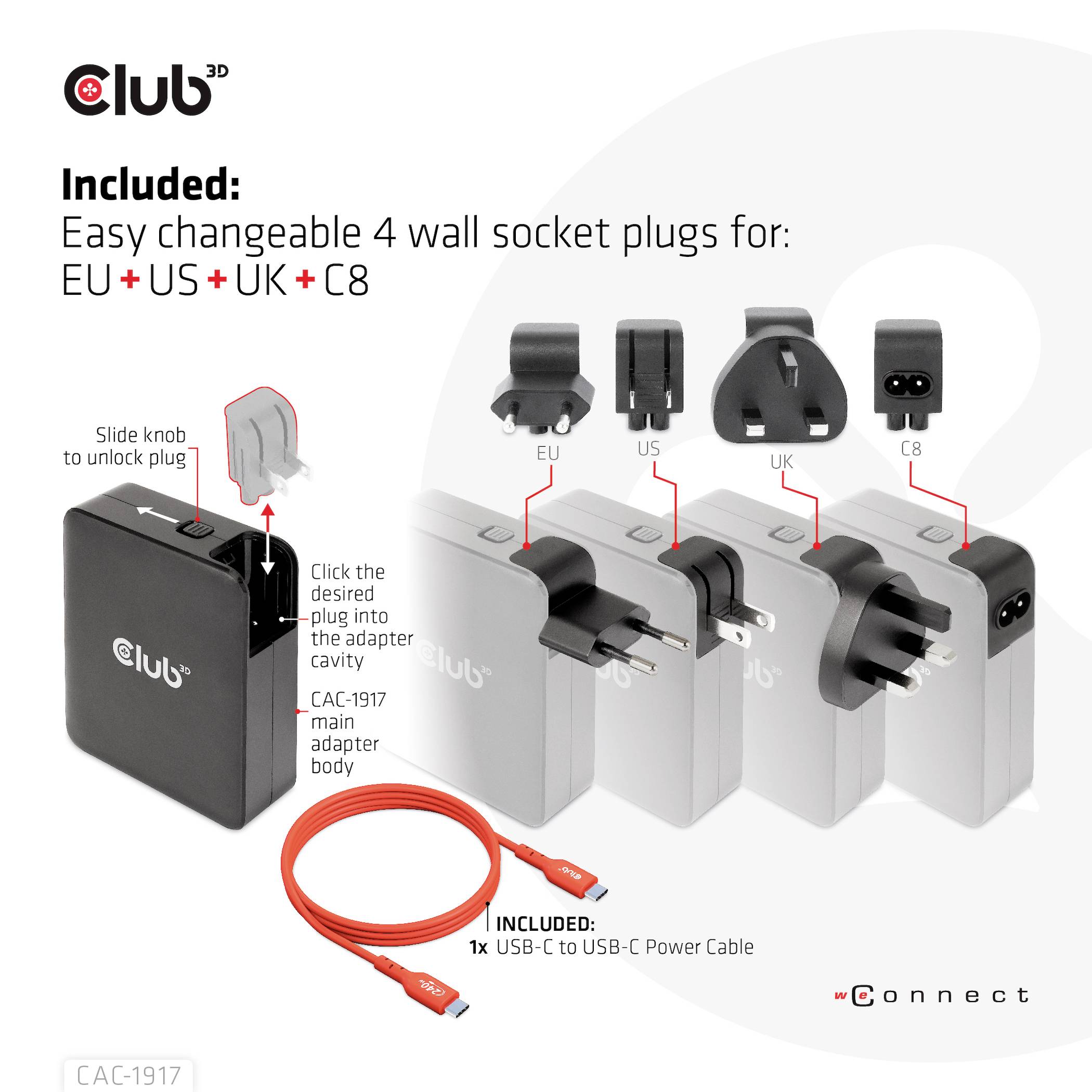 Sada adaptérov pre EU, US, UK a C8. Obsahuje 1x USB-C na USB-C nabíjací kábel. Text: 'Jednoduchá výmena 4 sieťových adaptérov'.