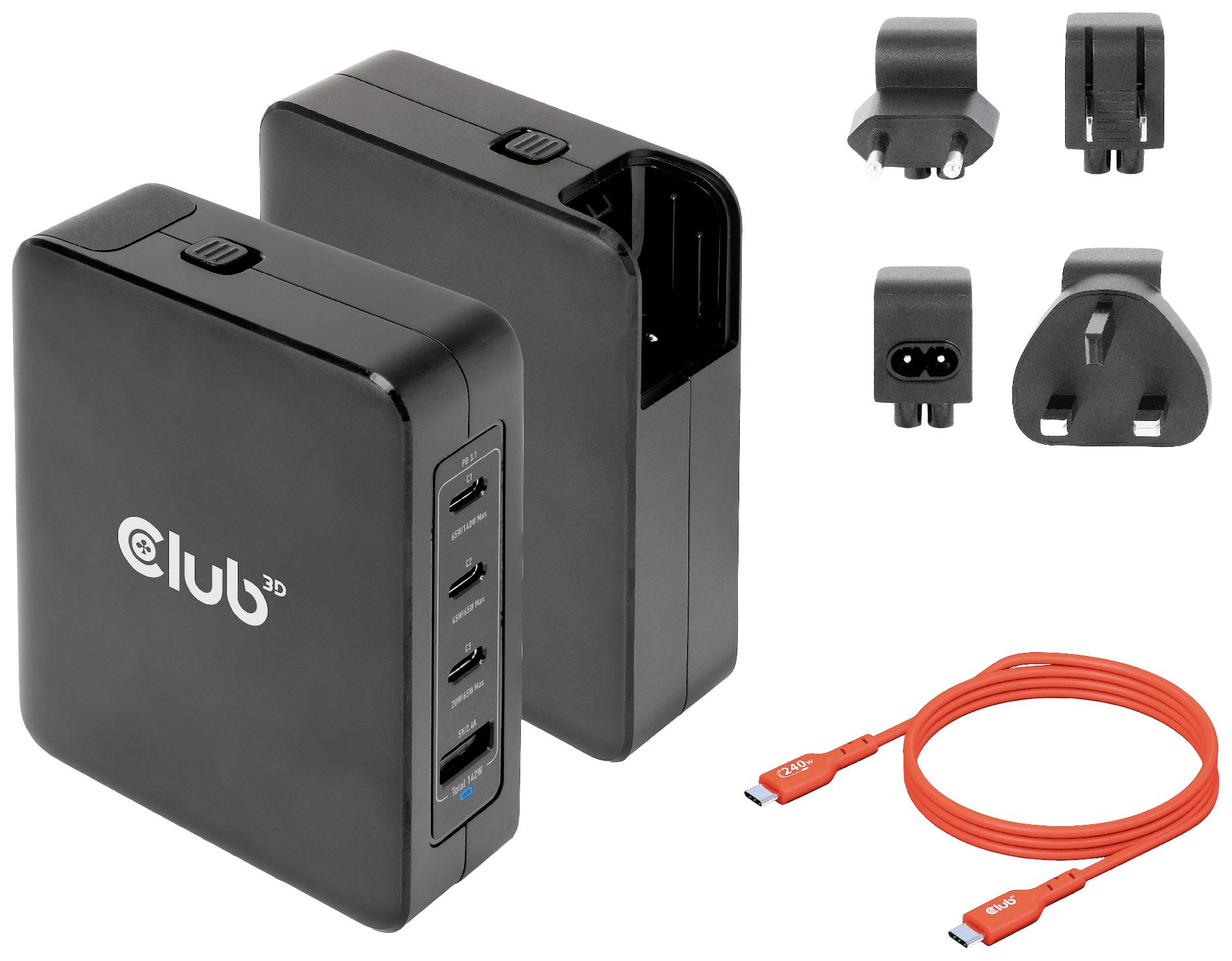Čierna nabíjačka so štyrmi USB portami, vymeniteľnými zástrčkami a červeným USB káblom. Vhodná pre elektrické zásuvky na celom svete.