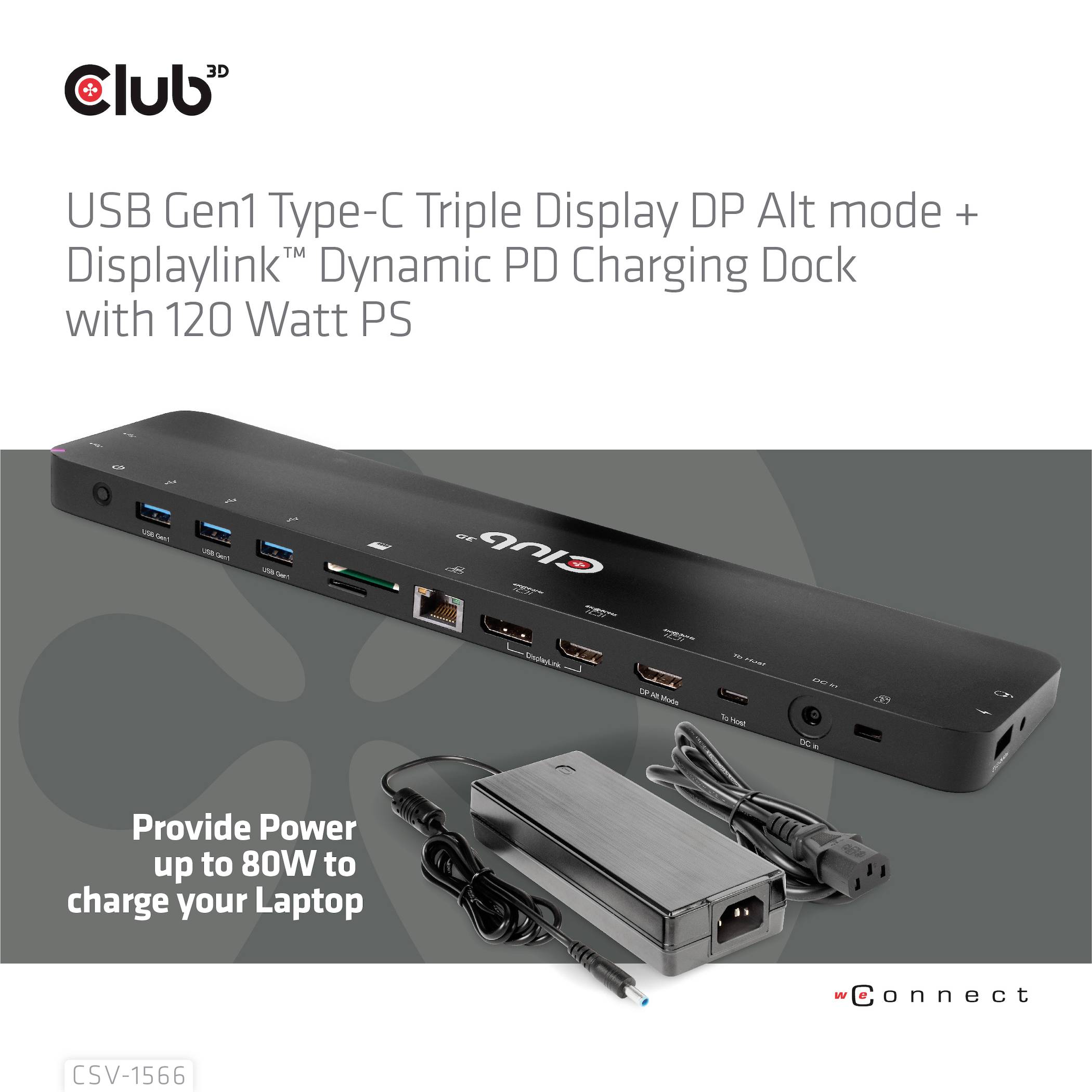 Čierna USB-C dokovacia stanica s viacerými portami vrátane HDMI a USB. Vedľa nej nabíjačka s nápisom 'Poskytuje výkon až do 80W na nabíjanie vášho laptopa'.
