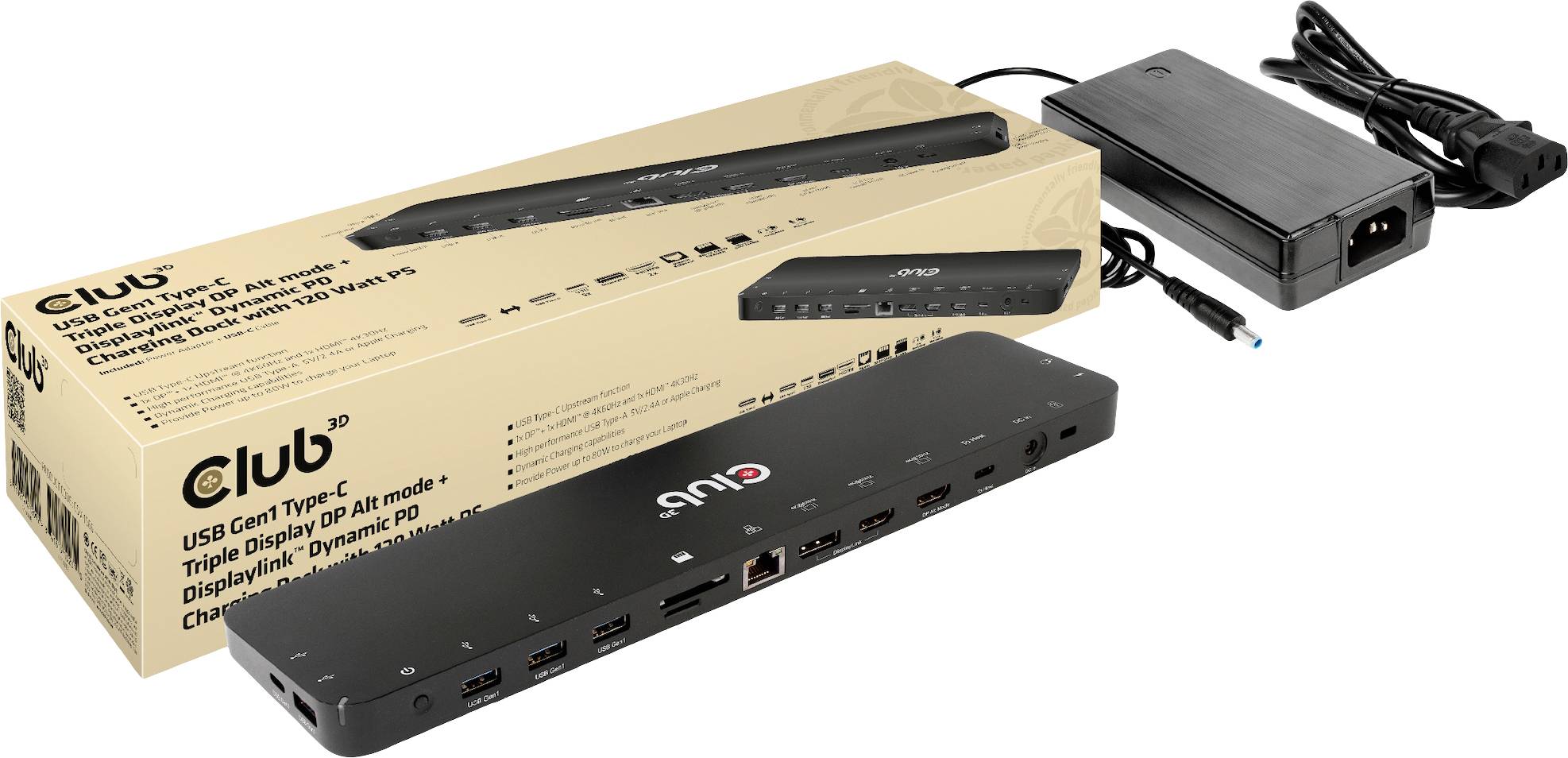 USB-C dokovacia stanica s viacerými portami, vedľa nej balenie a sieťový adaptér. Vhodná pre trojité displej setups.