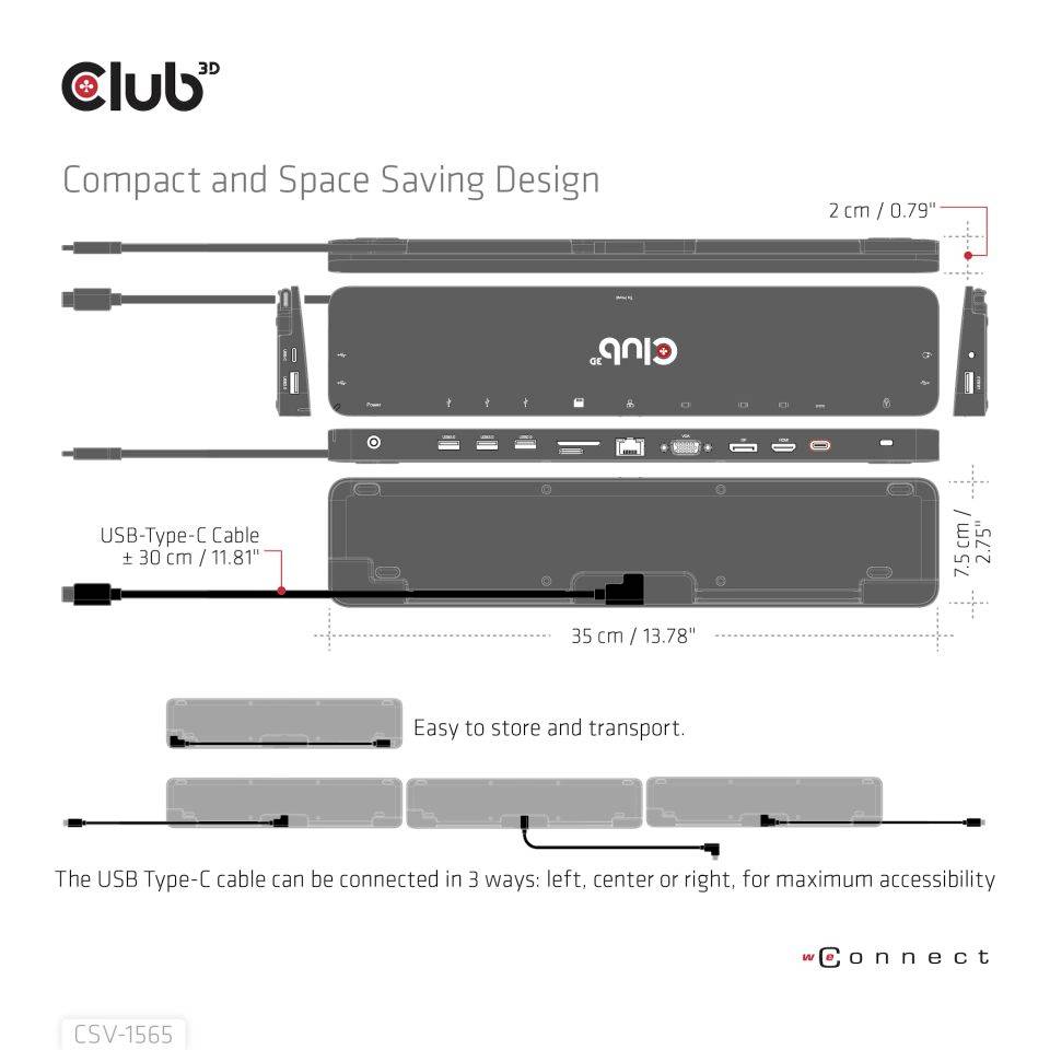 Tenký USB-C hub s viacerými portami, široký 35 cm, hlboký 7,5 cm. Obsahuje USB porty a 30 cm dlhý USB-C kábel.