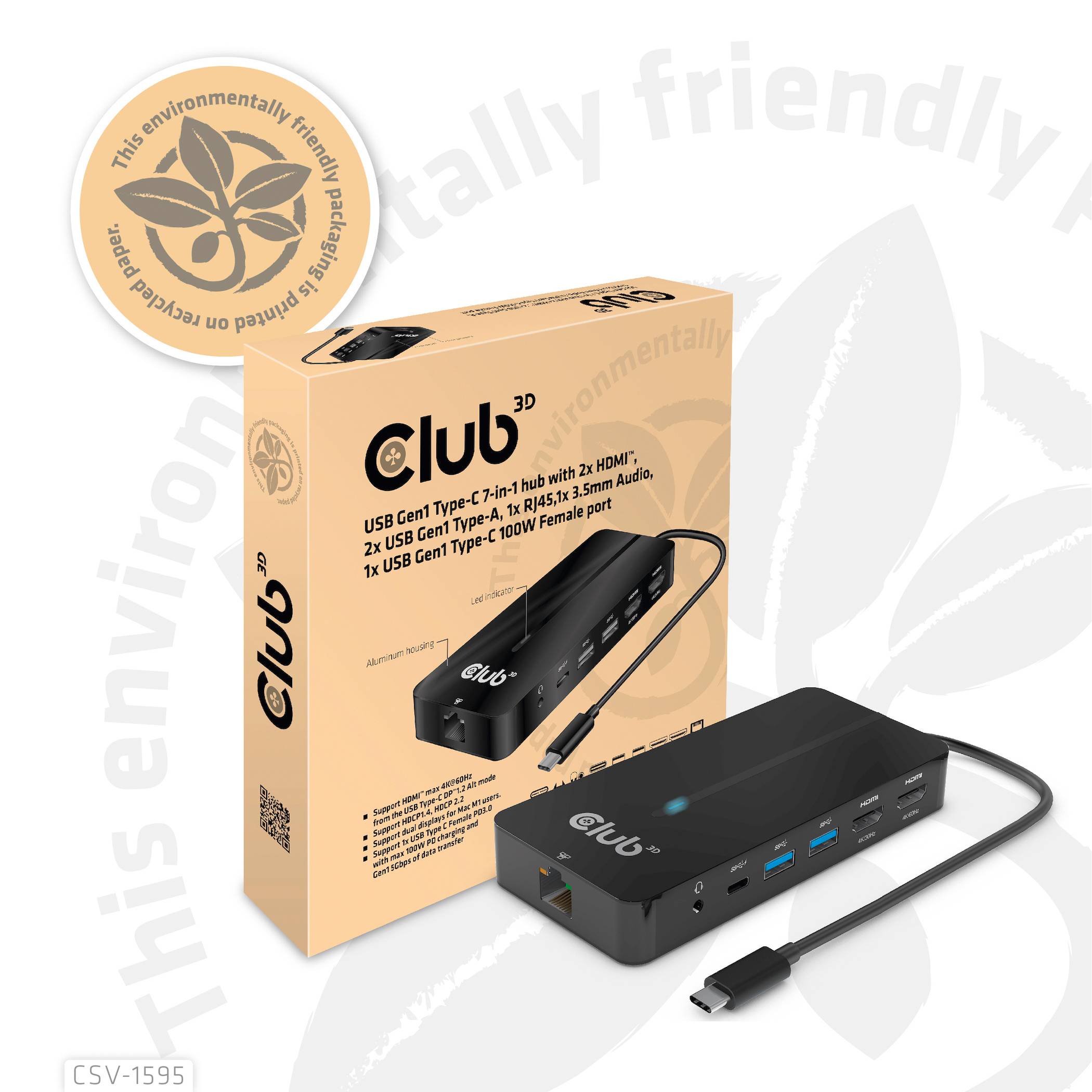 USB hub s tromi USB-C portami, dvoma USB-A portami a HDMI. Potlač: 'Ekologický obal'.