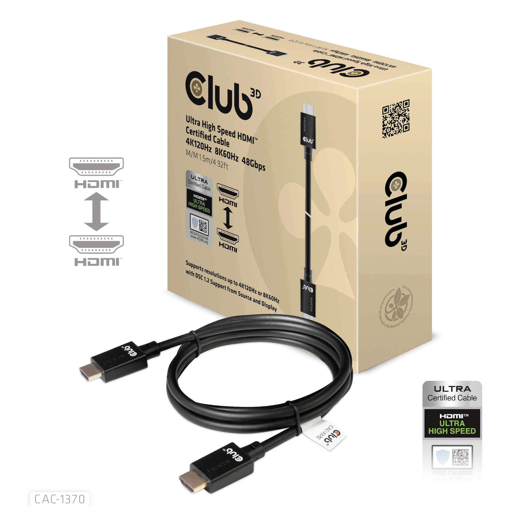 Vysokorýchlostný HDMI kábel s kapacitou 48 Gbps leží pred obalom. Text na obale: "Ultra vysokorýchlostný HDMI 4K120Hz, 8K60Hz, 48Gbps".