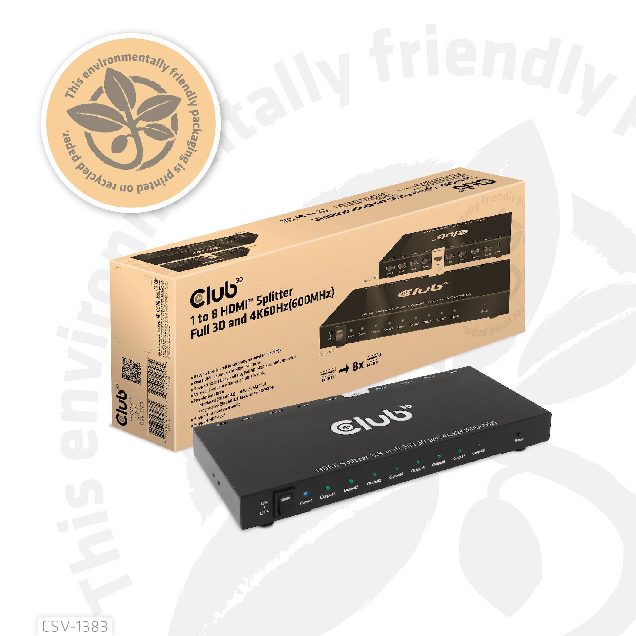 'CLUB 1 až 8 HDMI Splitter Plná 3D a 4K@60Hz' balenie, zobrazuje obrázok HDMI splittera s ekologickým upozornením.