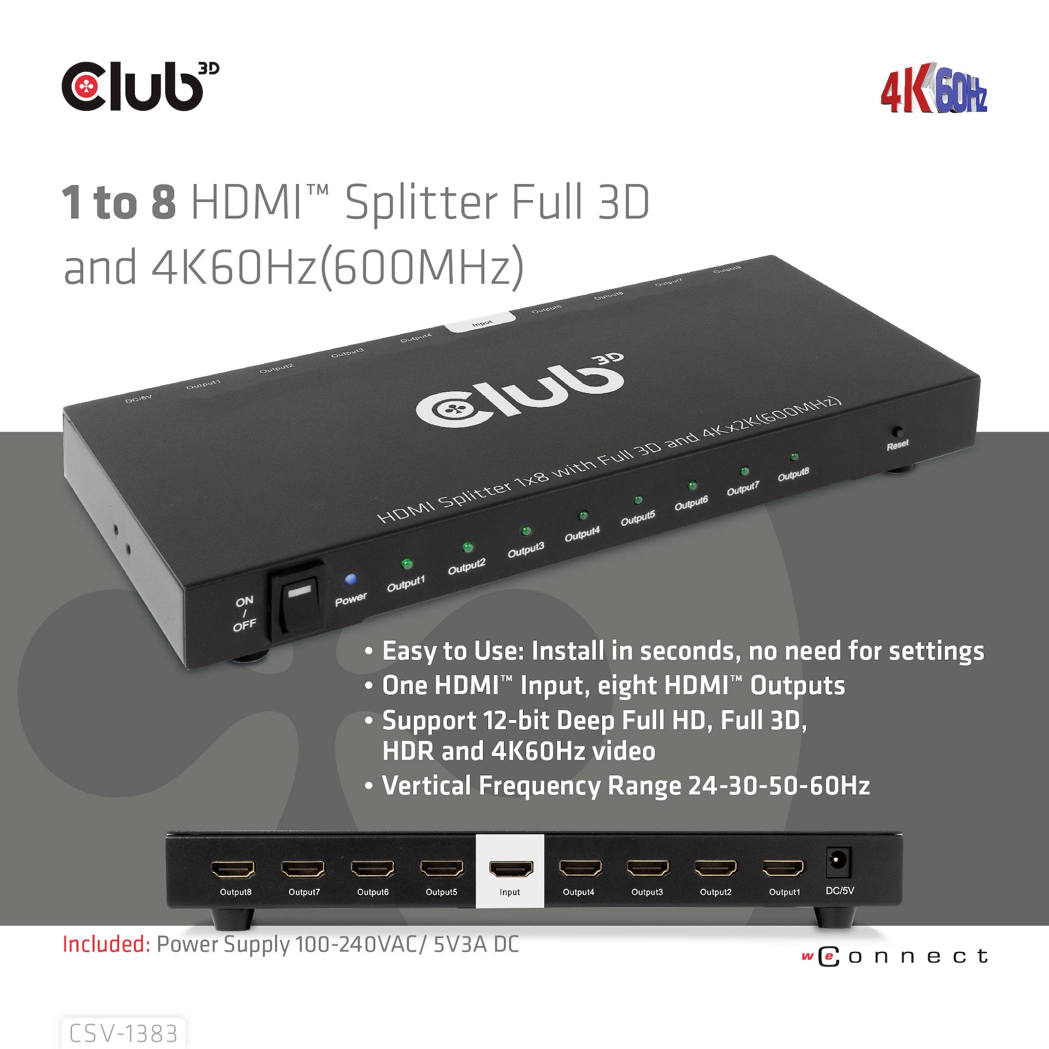 '1 na 8 HDMI Splitter pre Full 3D a 4K60Hz.' Zobrazuje zariadenie s HDMI portami. Text zdôrazňuje jednoduché použitie a technické špecifikácie.