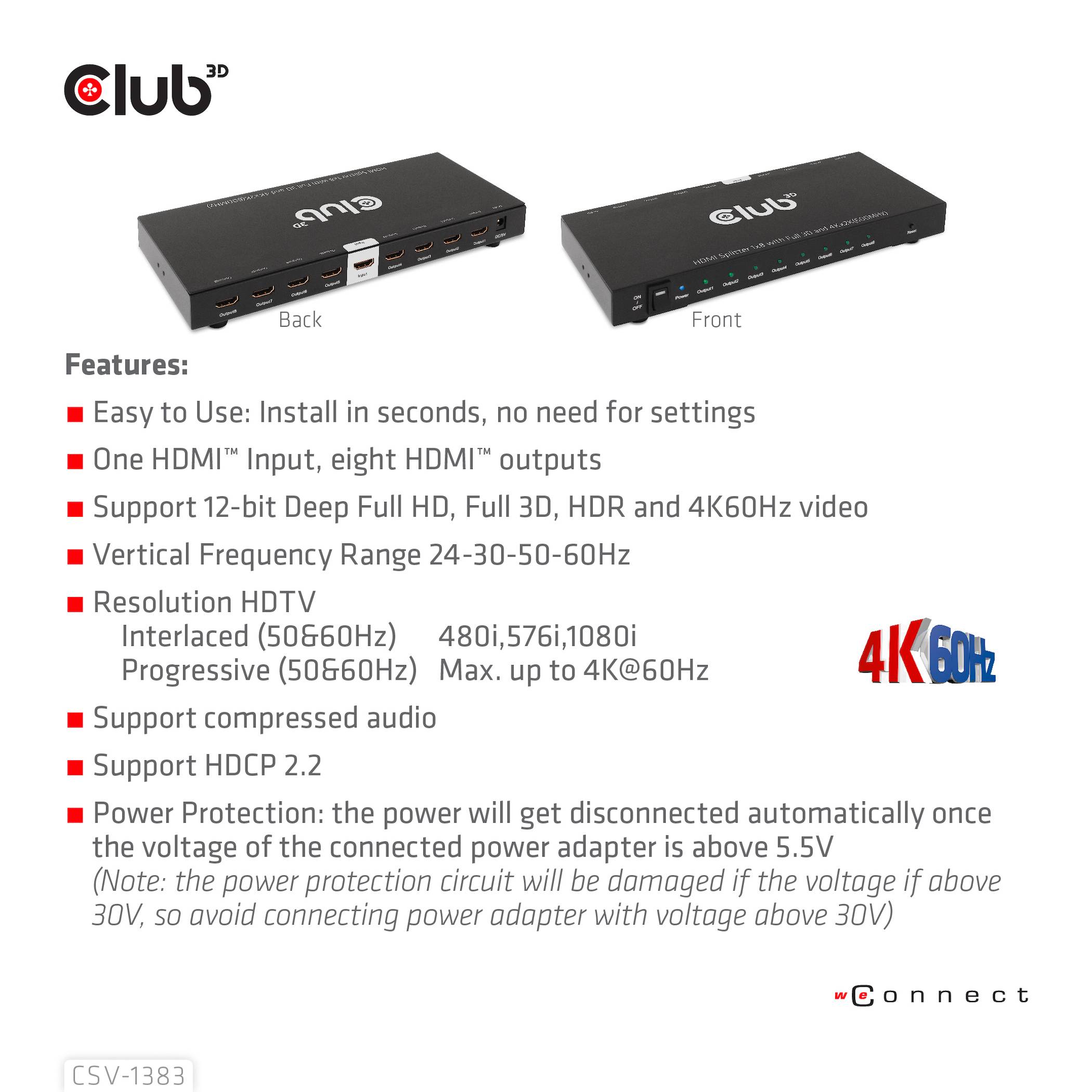 Rozdeľovač HDMI značky Club 3D s dvoma zariadeniami. Vlastnosti: 12 HDMI vstupov, rozlíšenie HDTV 4K@60Hz, podpora HDCP 2.2, ochrana napájania.