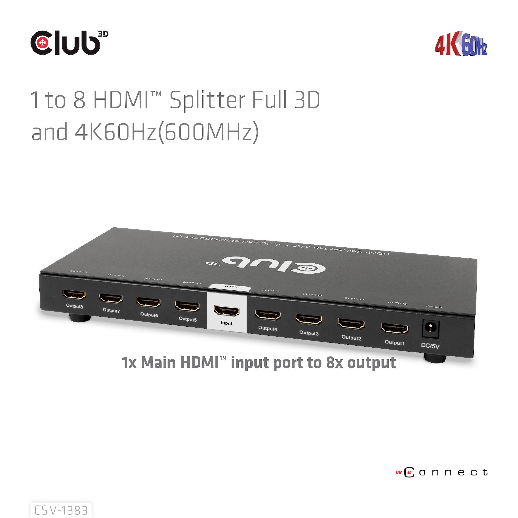 HDMI rozdeľovač, ktorý distribuuje 1 vstup na 8 výstupov, podporuje Full 3D a 4K pri 60 Hz (600 MHz).