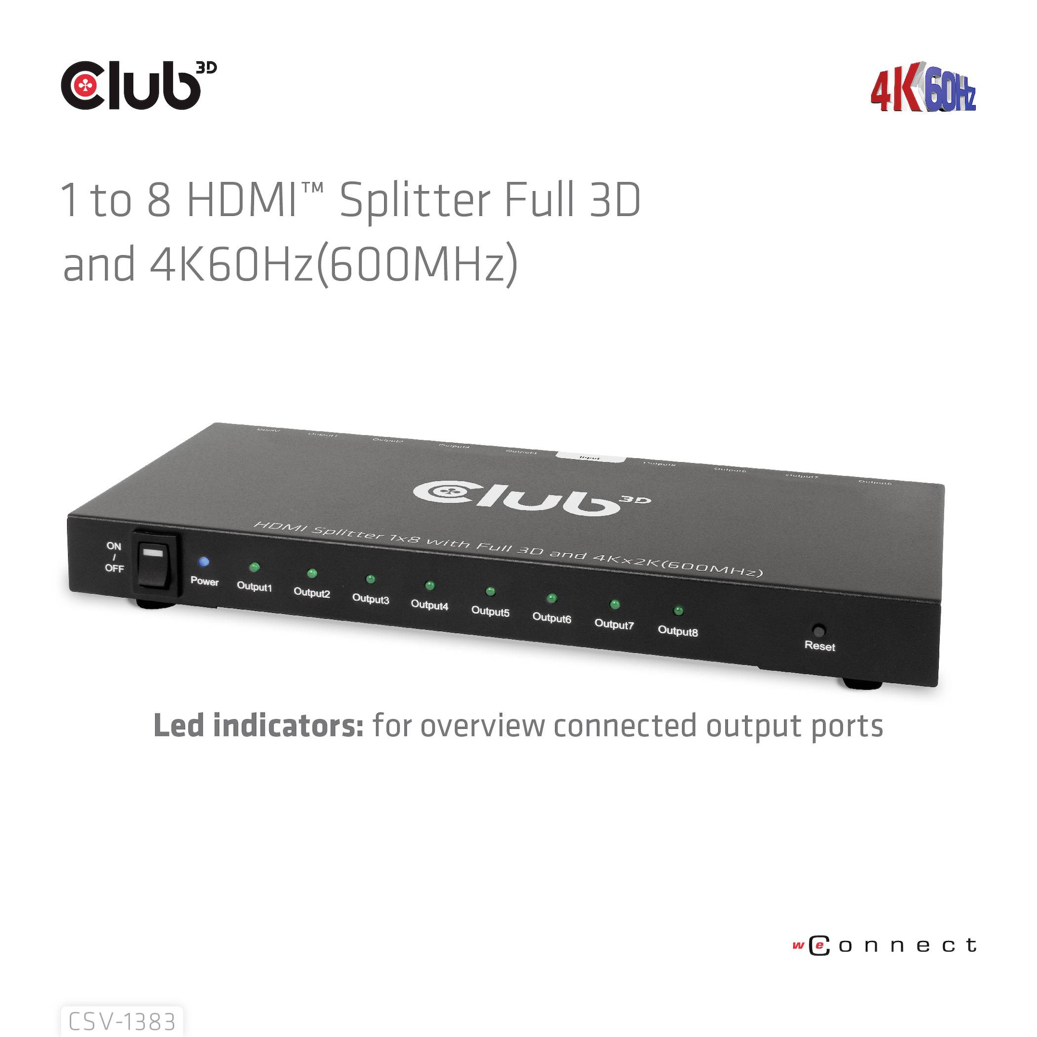 HDMI rozdeľovač, ktorý rozdeľuje 1 vstup na 8 výstupov, podporuje 3D a 4K s 60 Hz. LED indikátory zobrazujú stav výstupov.