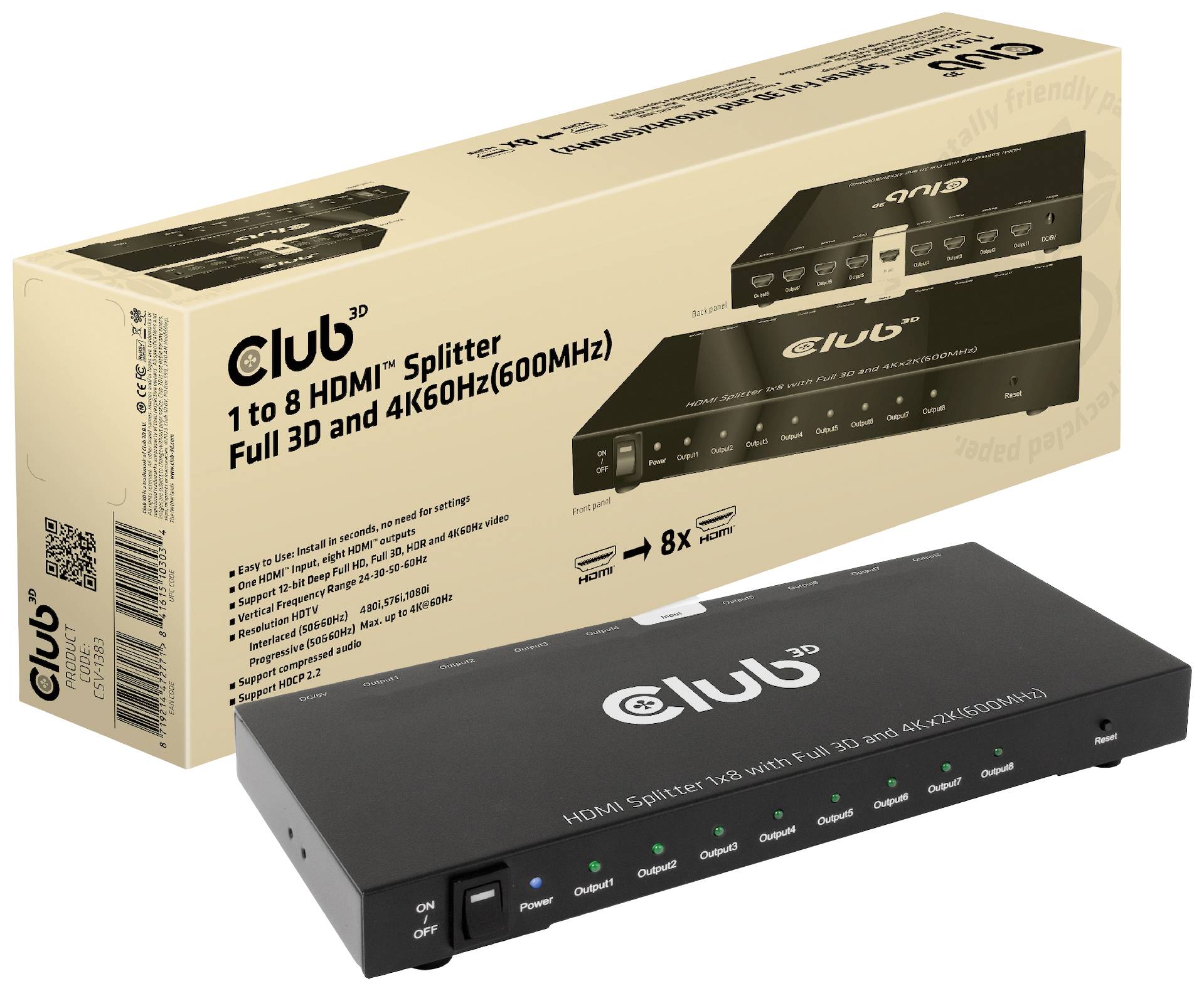 HDMI-rozbočovač, pozostávajúci z čiernej HDMI rozdeľovacej krabičky 1 na 8 pre 4K a 3D pri 600 MHz, s príslušným obalom v pozadí.