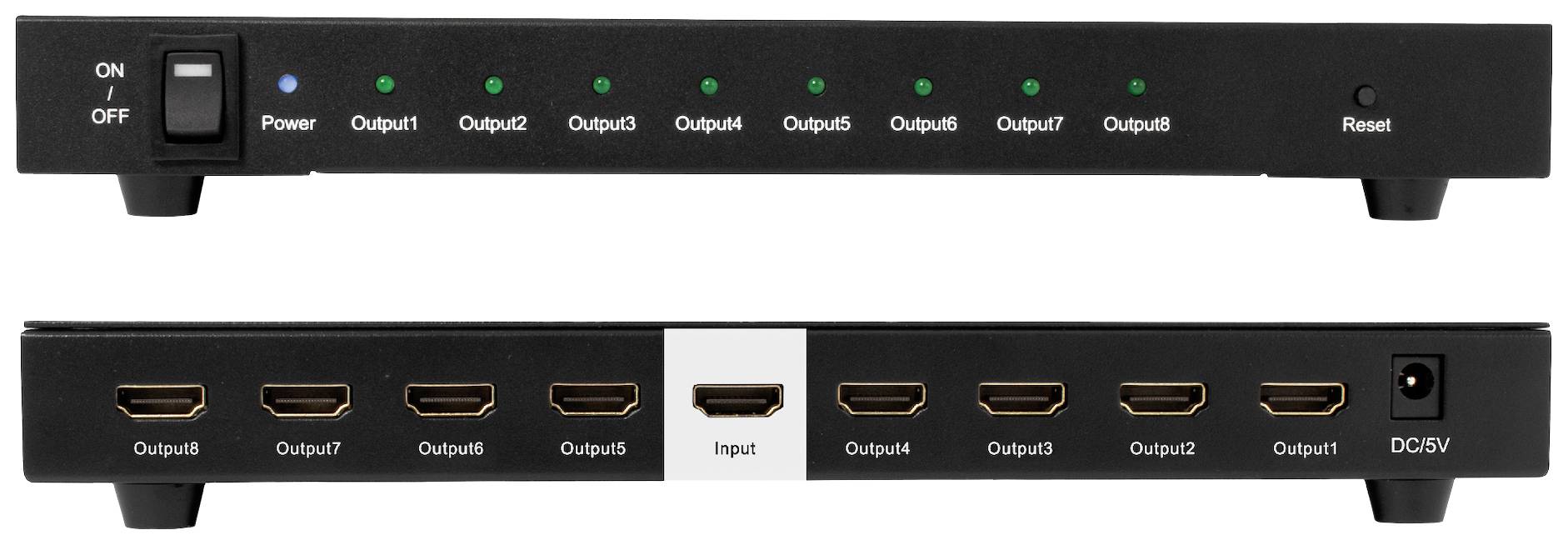 HDMI-rozdeľovač s ôsmimi výstupmi a jedným vstupom. Predná strana zobrazuje prepínač a LED indikátory, zadná strana zobrazuje HDMI konektory.