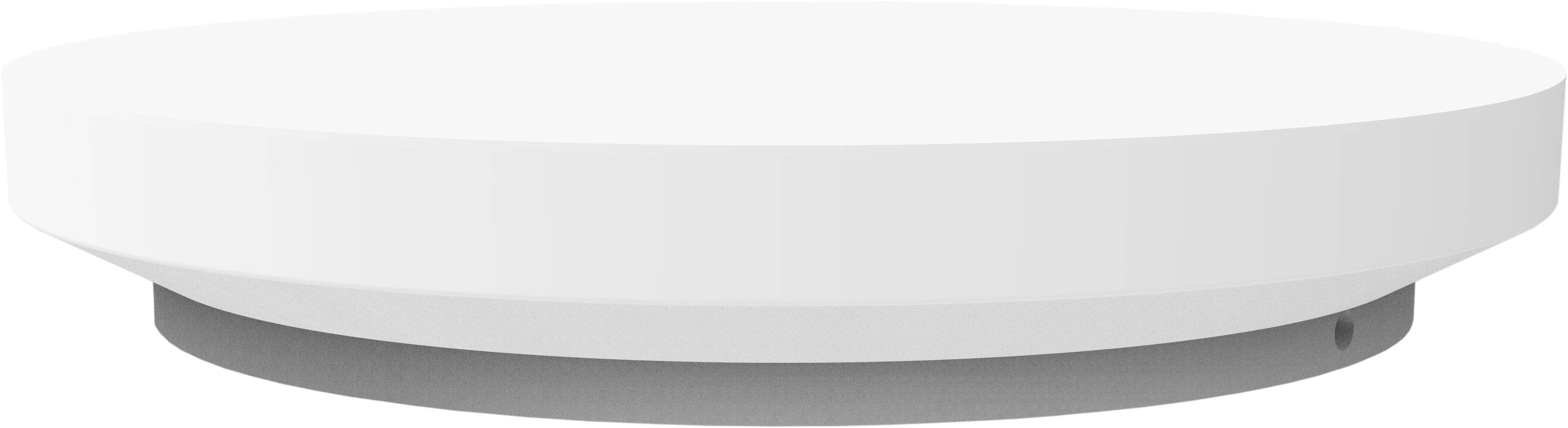 Obrázok zobrazuje okrúhle, biele stropné svietidlo s jednoduchým, moderným dizajnom. Je pohľad naň je spredu, z pohľadu zdola.