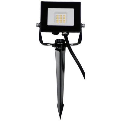 Čierny LED reflektor so zemným kolíkom, šesť svietiacich LED diód v obdĺžnikovom puzdre. Vhodný pre vonkajšie osvetlenie.