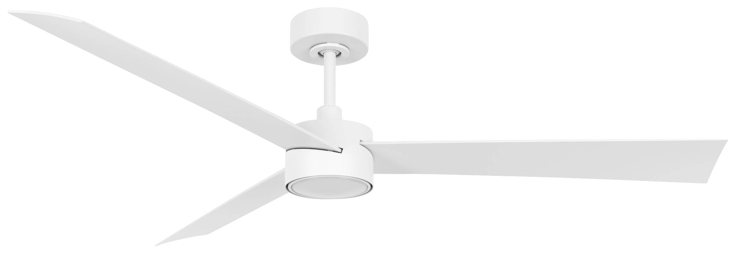 Biely stropný ventilátor s tromi krídlami je namontovaný na krátkej tyči. Navrhnutý pre moderné interiérové riešenia.