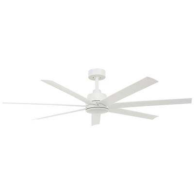 Biely stropný ventilátor so šiestimi dlhými, plochými krídlami, pripevnený na stropnom držiaku. Vhodný pre veľké priestory.