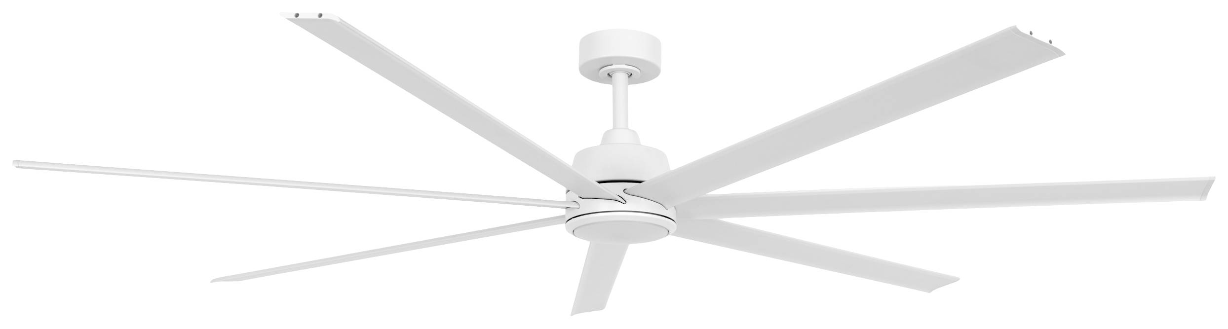Biely stropný ventilátor so šiestimi dlhými, štíhlymi krídlami, namontovaný na krátkej tyči. Vhodný pre veľké priestory.