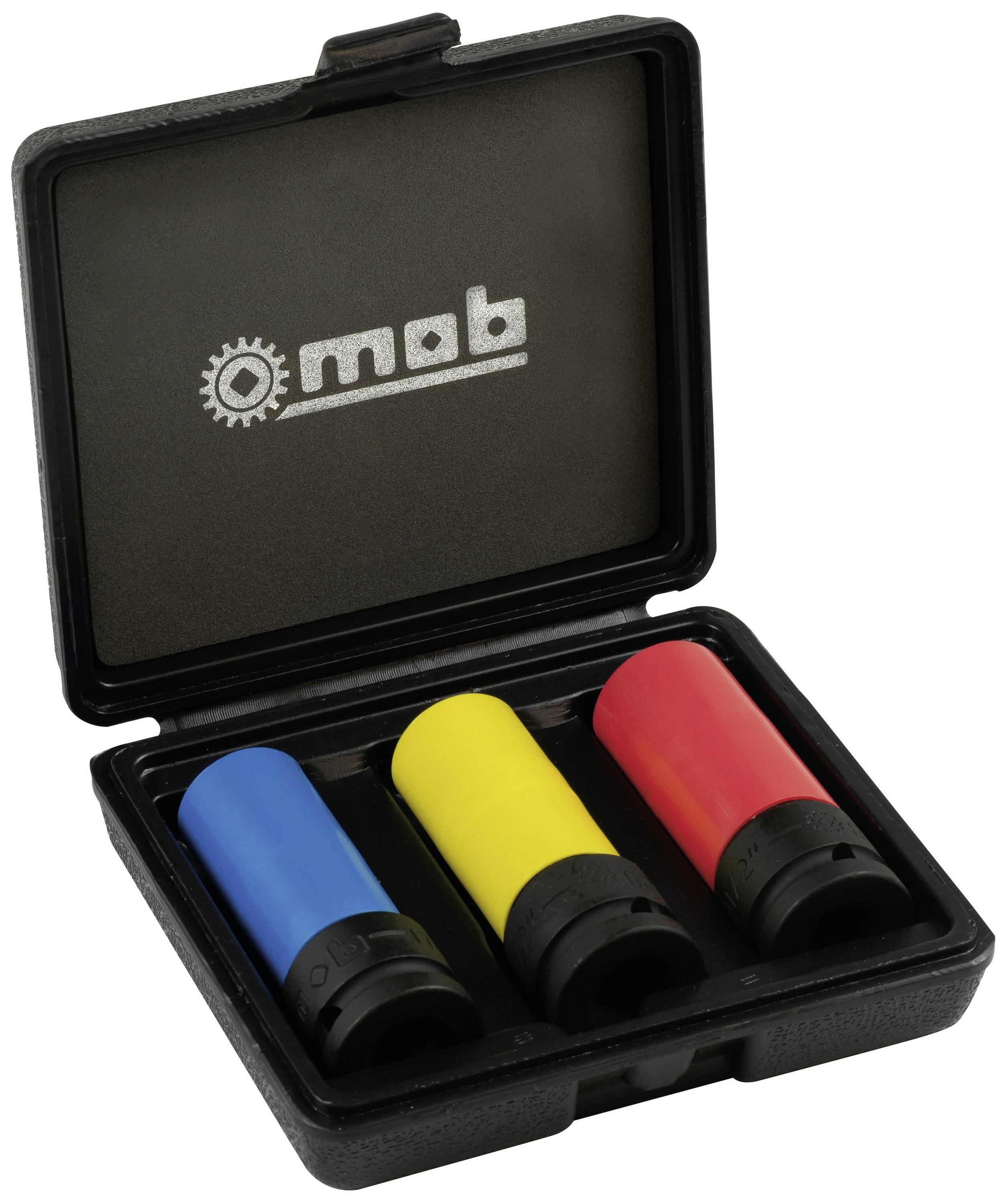 Tri francúzske kľúče v farbách modrá, žltá a červená v čiernej krabici s vekom, ktoré nesie logo 'mob'.