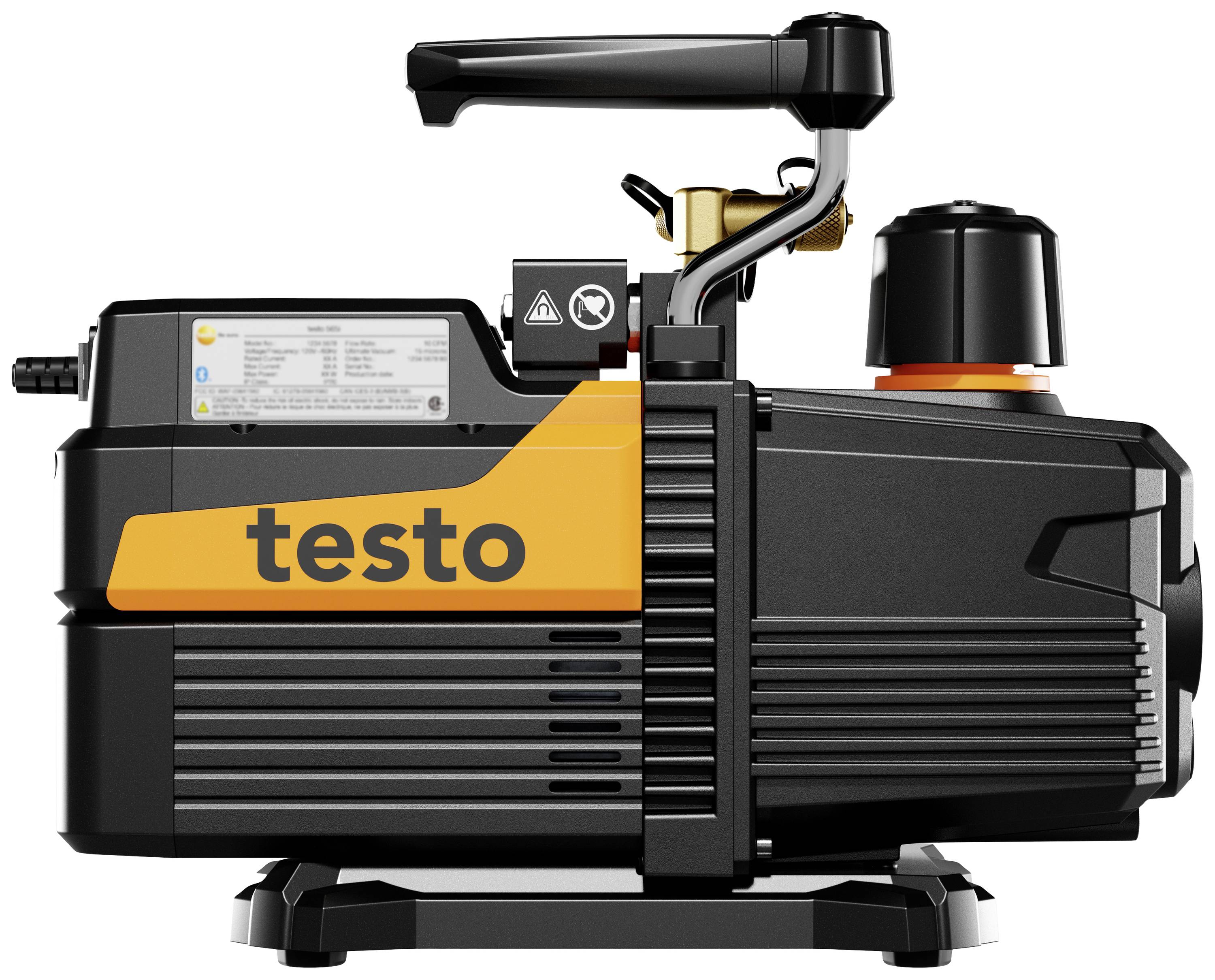 Pohľad z boku na čiernu a oranžovú vákuovú pumpu so značkou "testo". Má rukoväť a ovládacie prvky umiestnené hore.