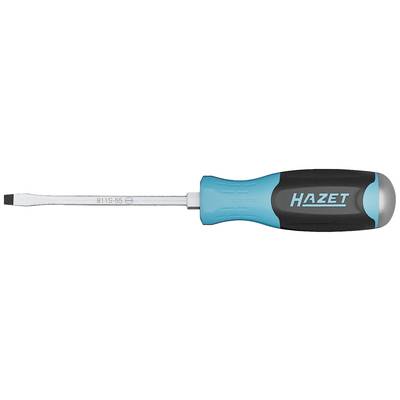Skrutkovač s modro-čiernou rukoväťou, plochým kovovým hrotom pre skrutky so zápichom. Označenie: 'HAZET 815-5,5'.