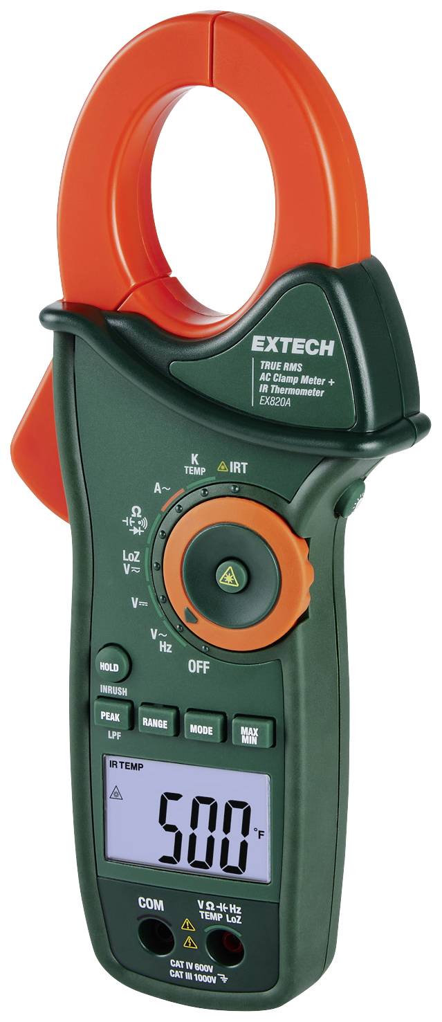 Digitálny kliešťový multimeter so zeleným puzdrom a oranžovými čeľaťami, zobrazuje '500 A' na displeji. Vhodný pre elektrické merania.