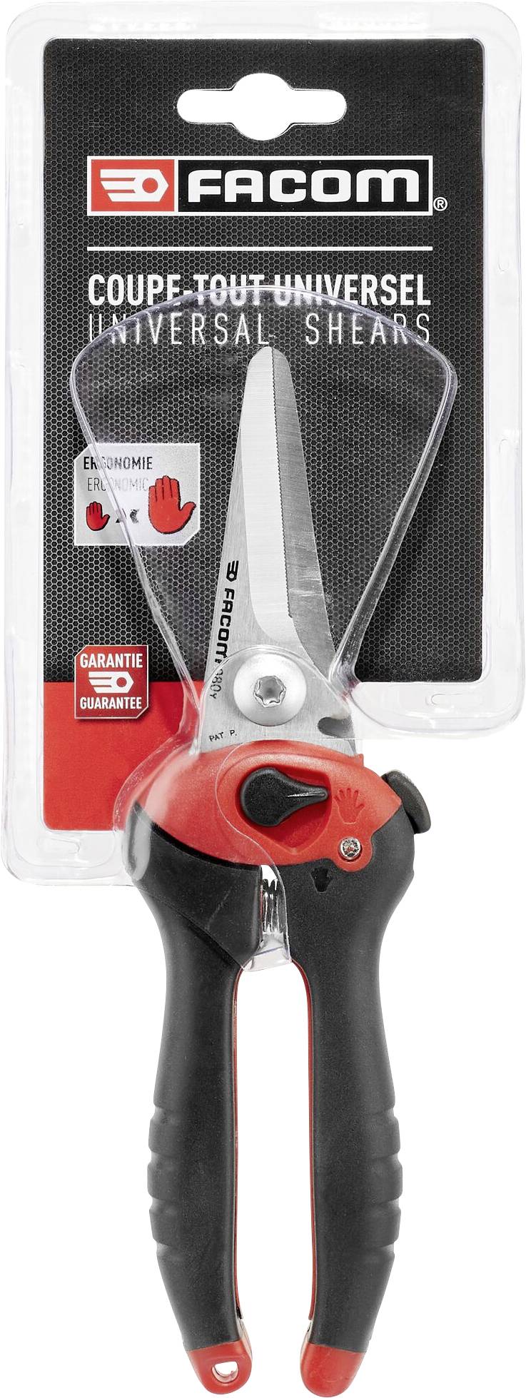 Obal zobrazuje čierne a červené univerzálne nožnice značky Facom s ergonomickou rukoväťou. Text 'ZÁRUKA' je viditeľný.