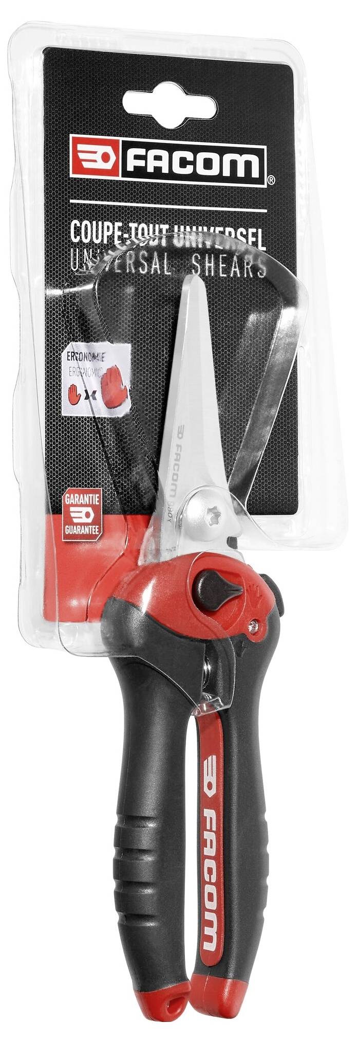 Čierne a červené univerzálne nožnice Facom v obale. Vhodné pre rôzne materiály.