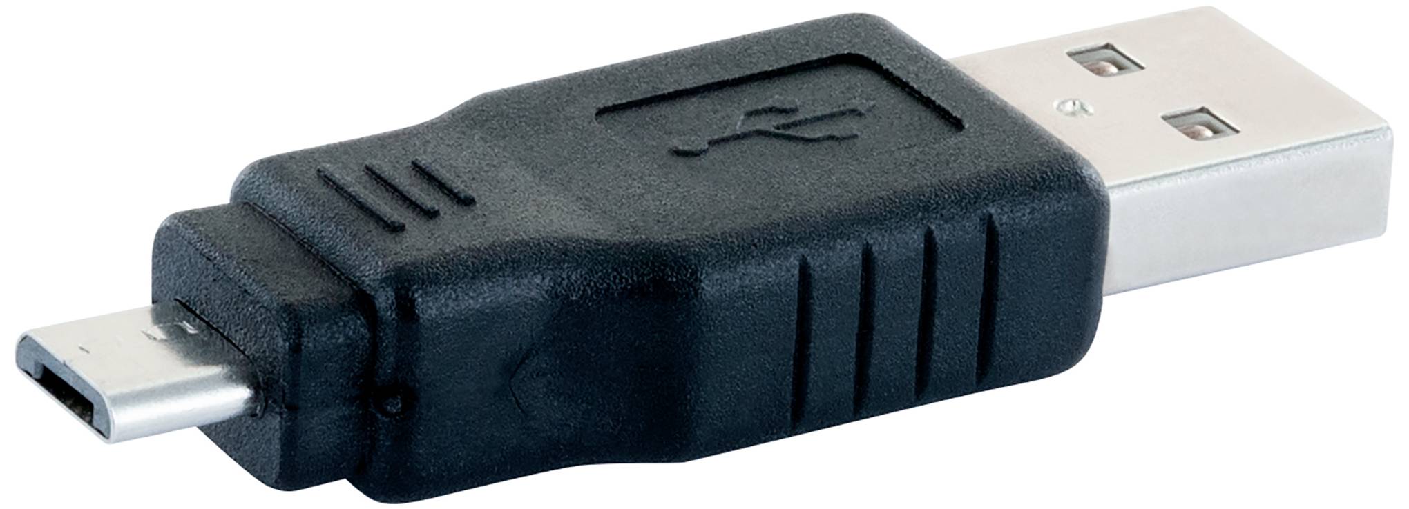 Čierno-strieborný adaptér s USB zástrčkou na jednom konci a Micro-USB zástrčkou na druhom konci. Slúži na prepojenie rôznych zariadení.