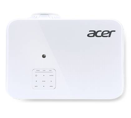 Biely projektor Acer pohľadom zhora so stláčadlými ovládacími tlačidlami a viditeľným logom značky.