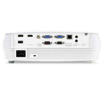 Zadná strana projektora s rôznymi možnosťami pripojenia vrátane HDMI, VGA, USB a Ethernetu.