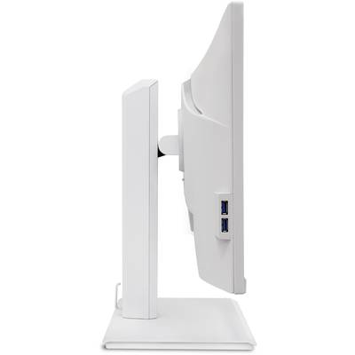 Biely počítačový monitor z bočného pohľadu so zobrazením dvoch USB portov na zadnej strane.