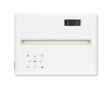 Biele elektronické zariadenie s displejom a klávesnicou. Vľavo sa nachádzajú tlačidlá 'OK', smerové šípky a symbol zapnutia/vypnutia.