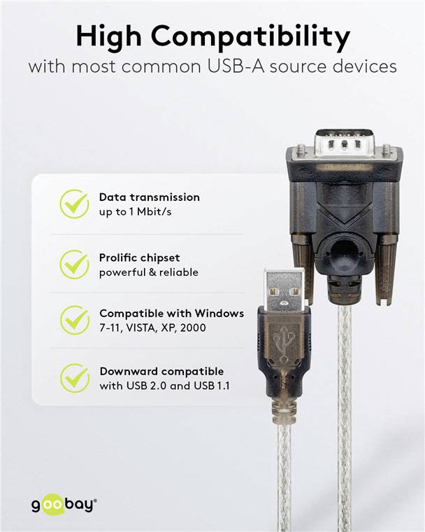 USB-A kábel: Vysoká kompatibilita so zariadeniami. Podporuje dátové prenosy až do 1 Mbit/s, Prolific čipset, Windows 7-11. Kompatibilný s USB 2.0/1.1.