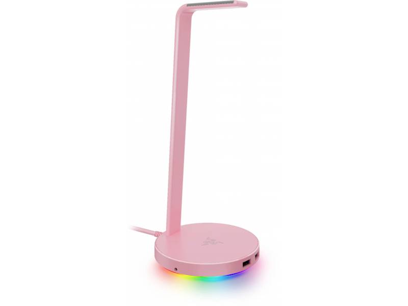 Ružový stojan na slúchadlá s USB portom a farebnými LED svetlami v základni.