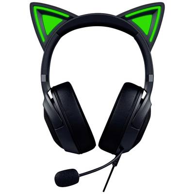 Čierna herná headset so zelenými mačacími ušami a mikrofónom, vhodná pre hráčov, ktorí preferujú hravý dizajn.