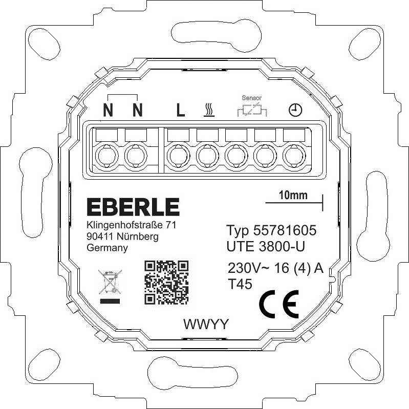 Termostatický modul od Eberle, model UTE 3800-U, s detailmi pripojenia, vhodný pre 230V, 16A, typový štítok a QR kód viditeľné.