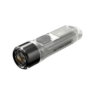 Priehľadná baterka s čiernym tlačidlom s nápisom "Nitecore".