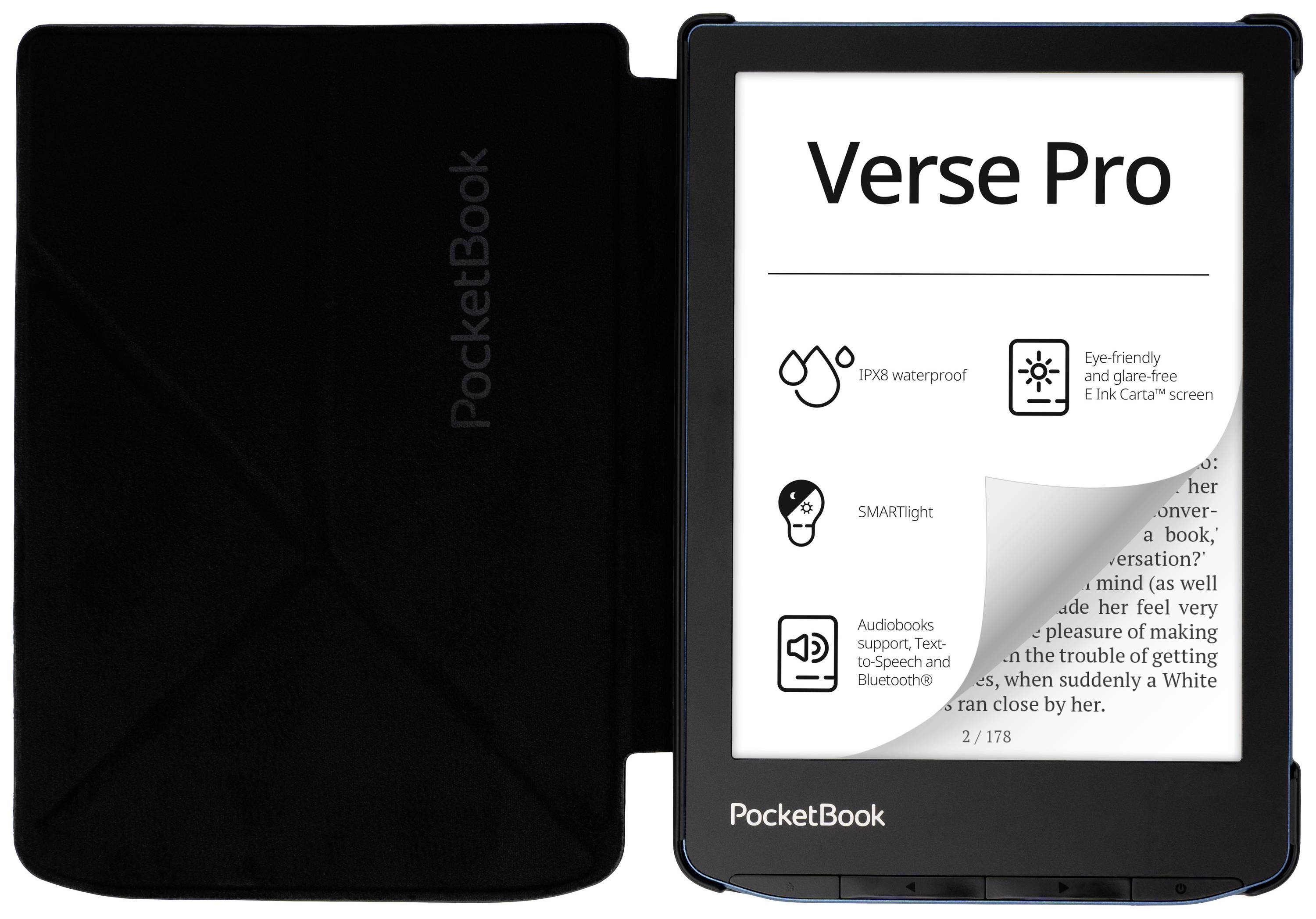 E-čítačka PocketBook Verse Pro s ochranným obalom. Na obrazovke sú zobrazené funkcie: vodotesná IPX8, SMARTlight, podpora audiozáznamu.