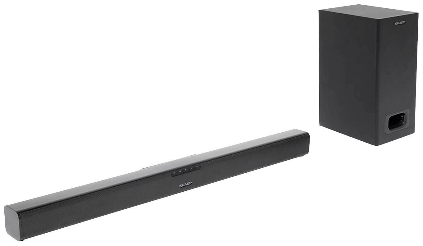 Čierna soundbar a subwoofer pred bielym pozadím. Audiozostava pre vylepšený zvuk televízora.
