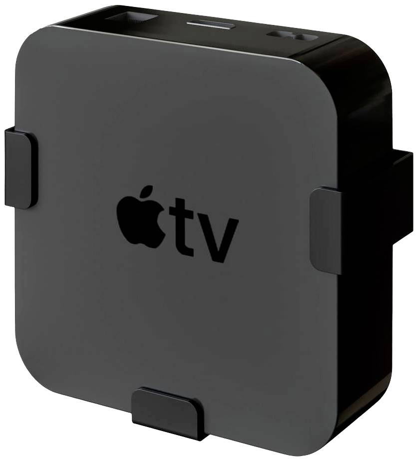Čierny Apple TV v hranatom obale s logom Apple a písmenami 'tv' na prednej strane, ponúka digitálne streamovacie funkcie.