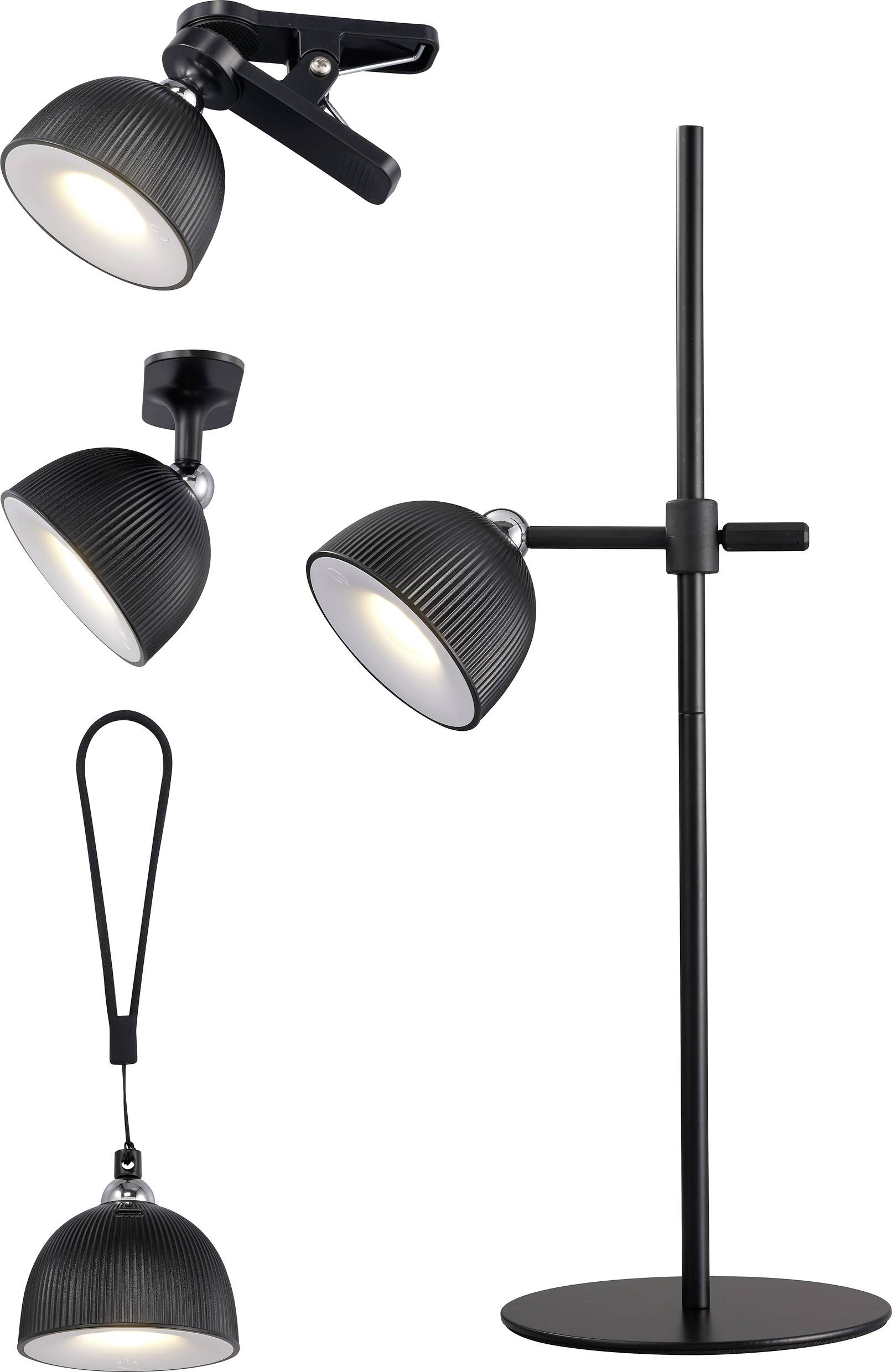 Niekoľko čiernych svietidiel: stolová lampa, klipová lampa a závesné svietidlo, všetky s rebrovanými tienidlami a moderným dizajnom.