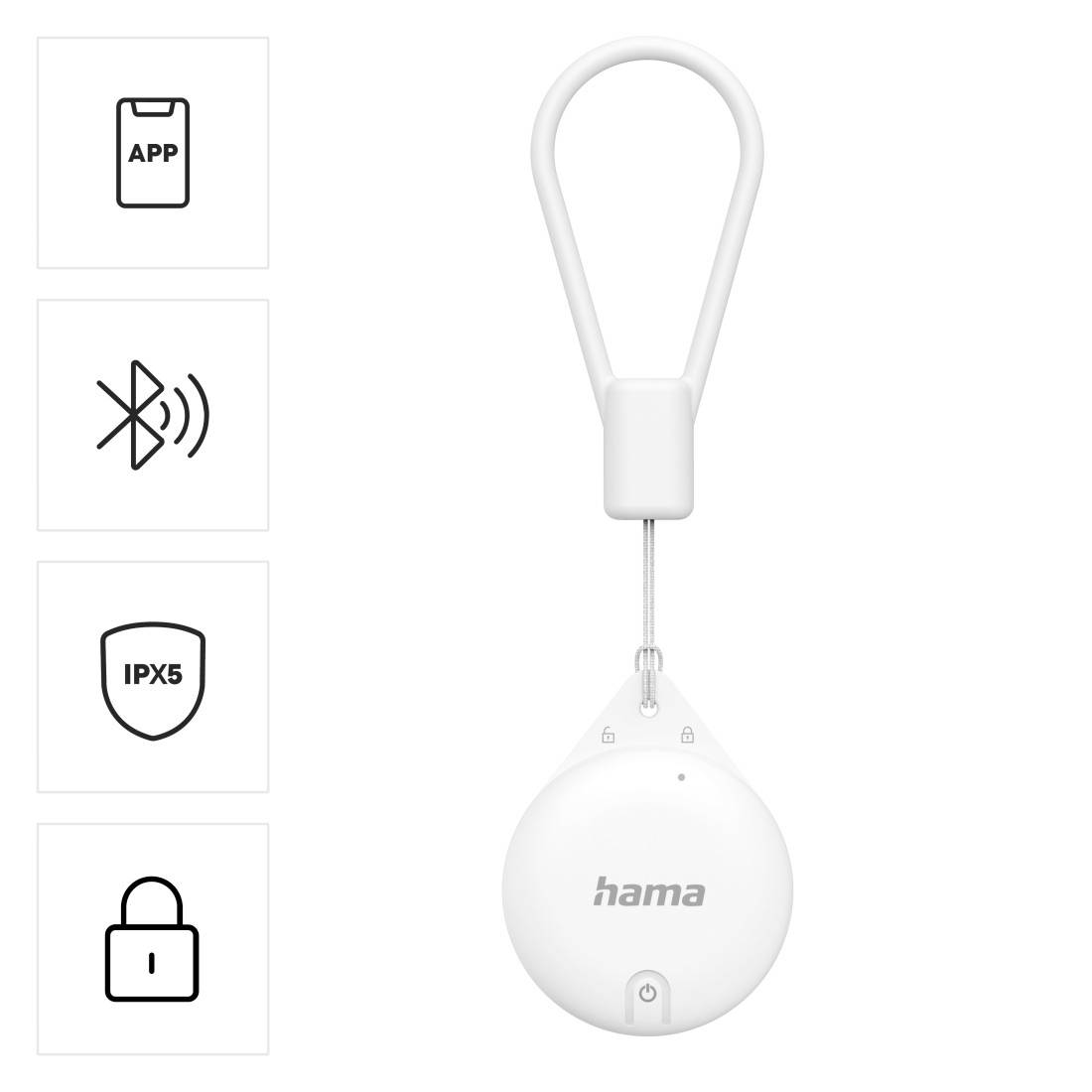 Biele zariadenie Hama s bluetoothovou funkciou, vodotesnosťou IPX5, ovládaním cez aplikáciu a bezpečnostným zámkom, s úchytkou na pripevnenie.