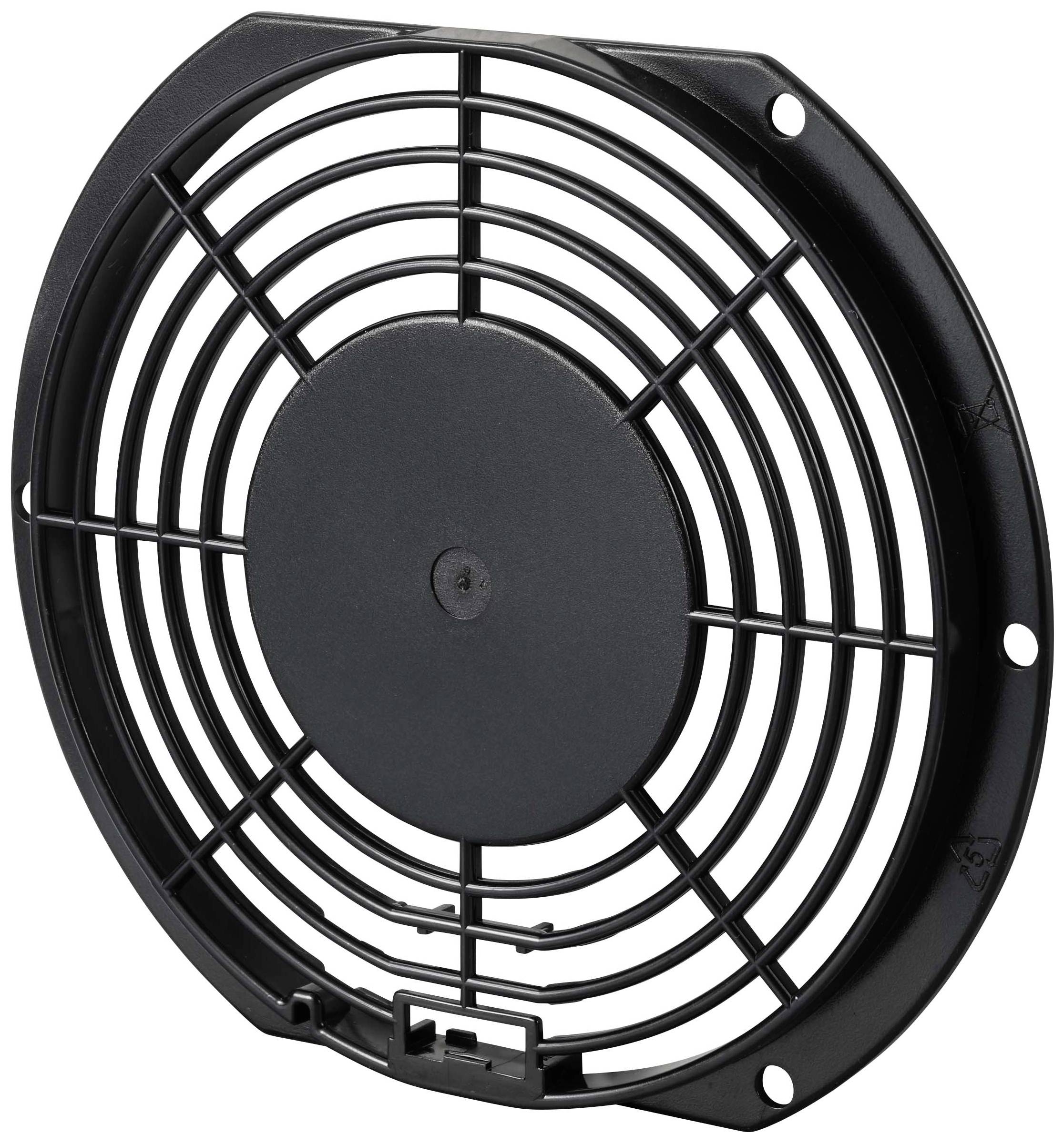 Čierne, okrúhle ventilačné mriežky z plastu s viacerými vzorovými otvormi, vhodné na zakrytie ventilátora a poskytnutie ochrany.