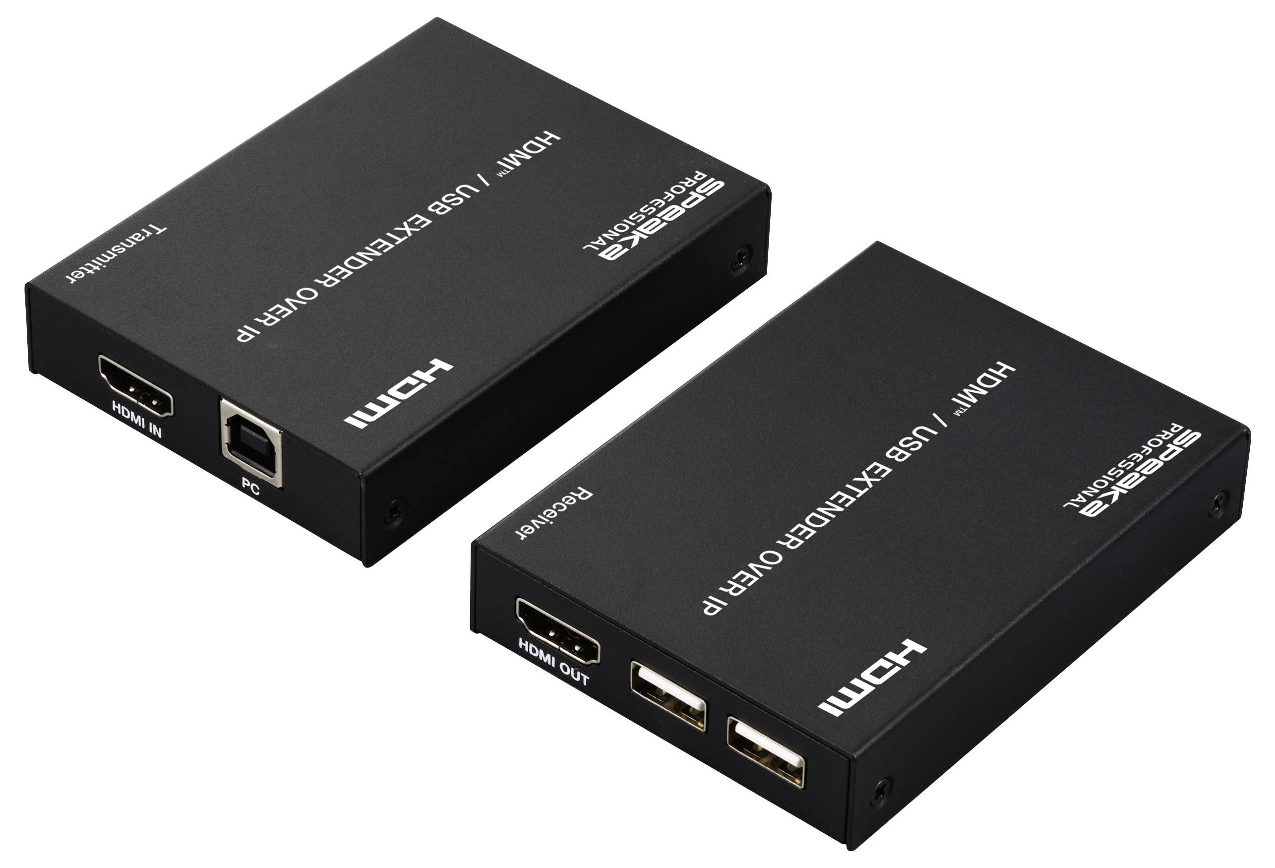 Dva čierne HDMI/USB predlžovacie moduly, jeden s HDMI vstupom a USB, a druhý s HDMI výstupom a USB portami, oba označené štítkami.