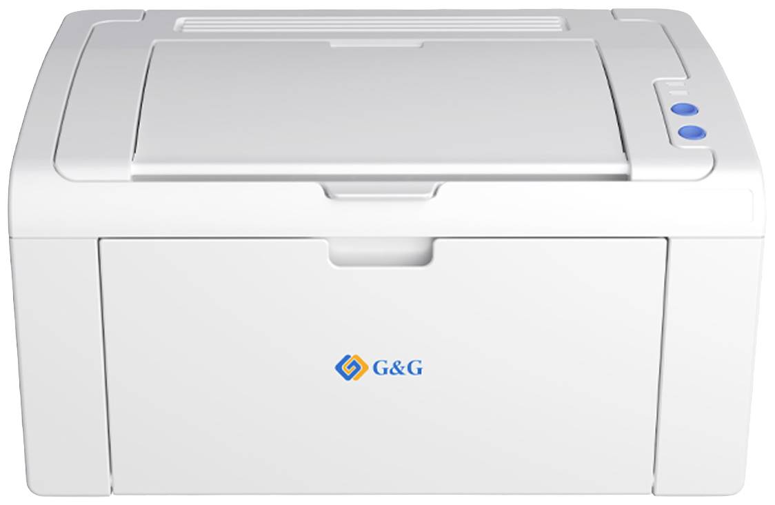 Biely tlačiareň s krytom a ovládacími tlačidlami. Logo 'G&G' je viditeľné na prednej strane.