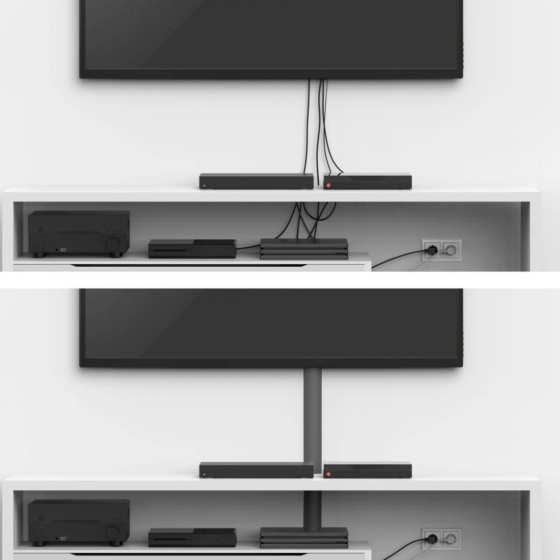 Dva obrázky políc na stene s elektronickými zariadeniami. Na hornom obrázku visiacimi káblami voľne, na spodnom obrázku sú káble usporiadané a skryté.