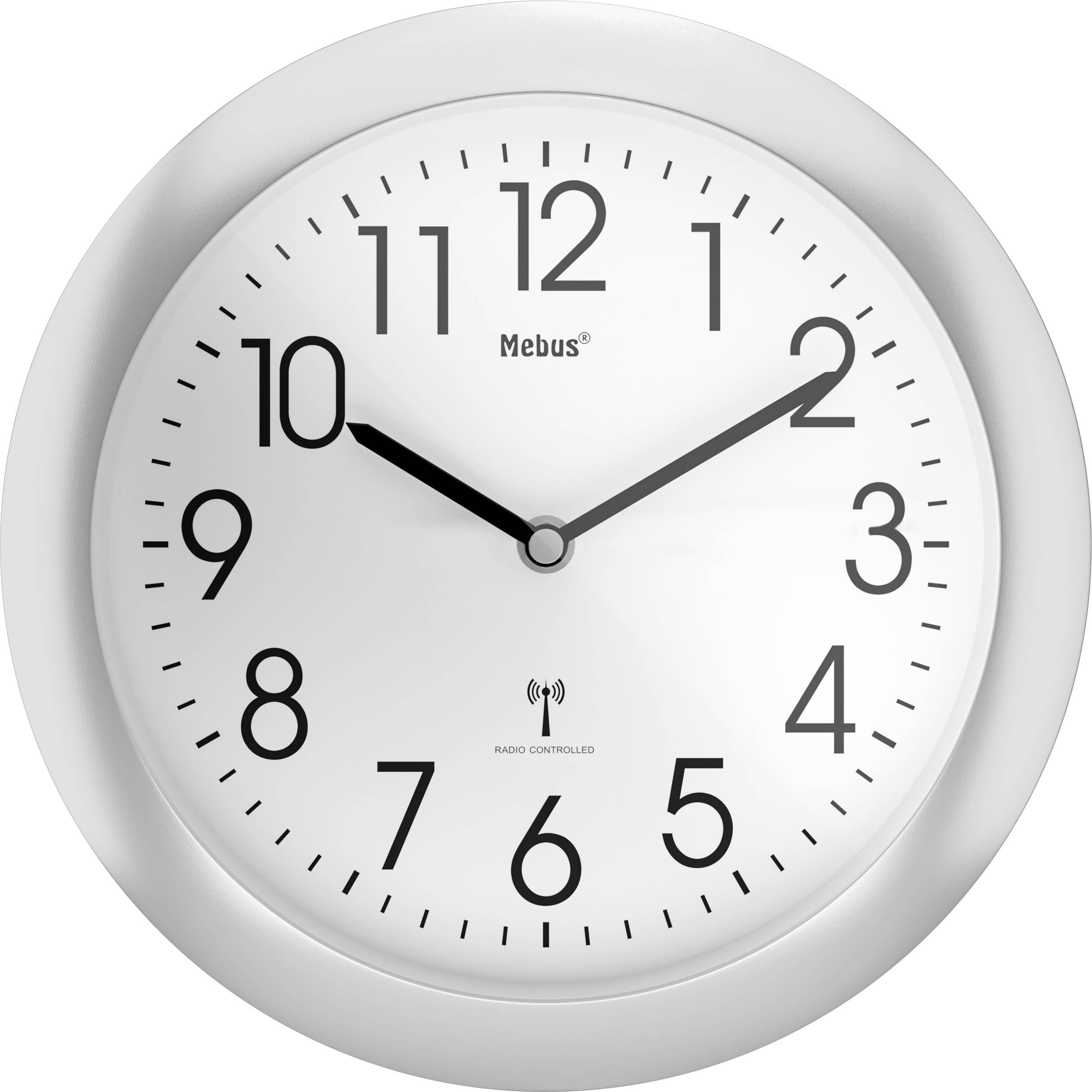 Nástenné hodiny zobrazujúce čas 10:10, s čiernymi číslami a ručičkami na bielom ciferníku.